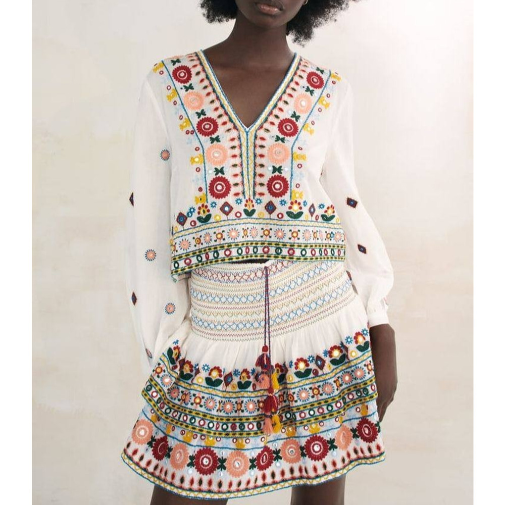Zara Festive Embroidered Shirt Blouse Top Summer Floral V-neck XS A005984